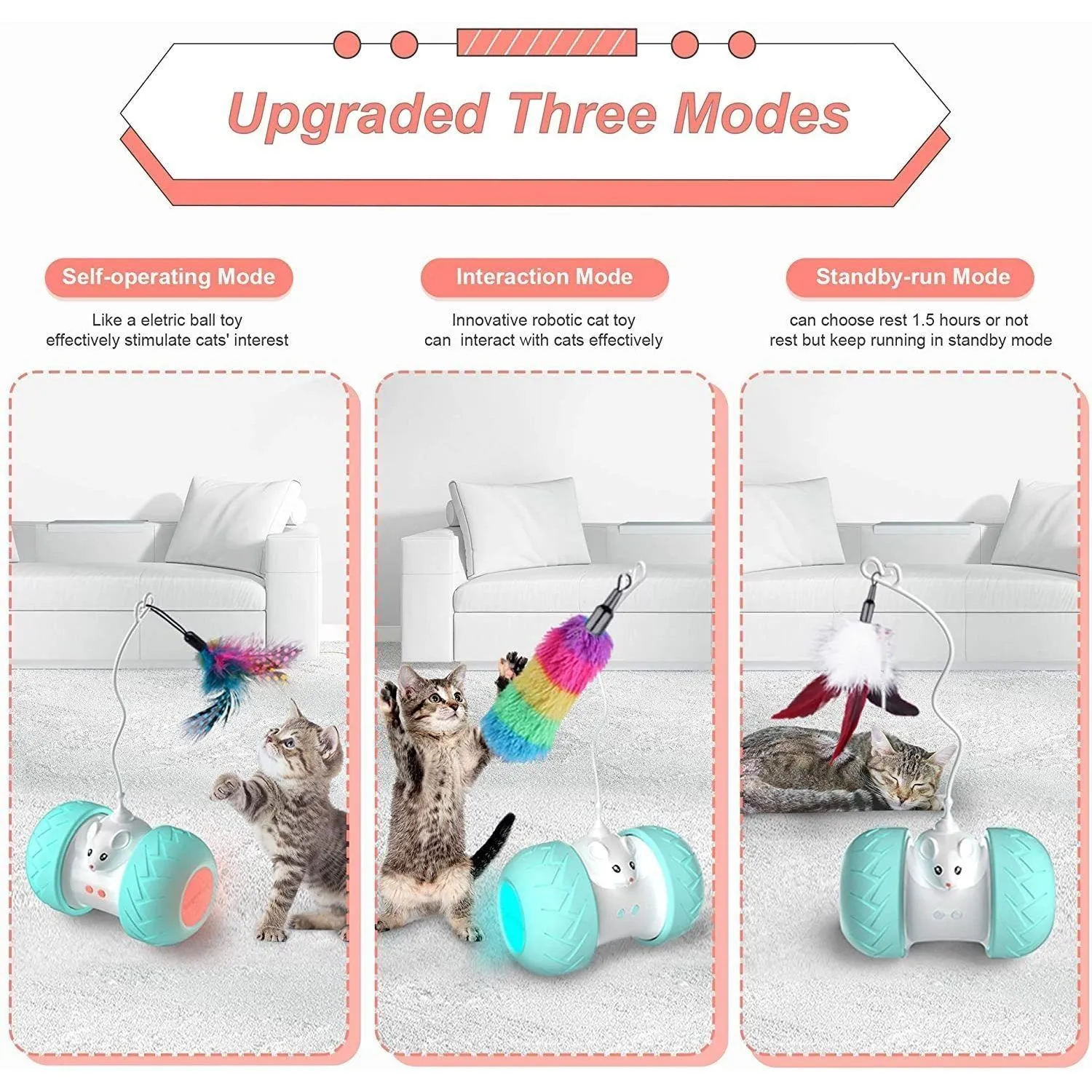 Interactive Cat Toys for Indoor Cats, Automatic Kitten Toys Electronic with Mouse and 3 Feathers for Cats to Play Alone Exercise