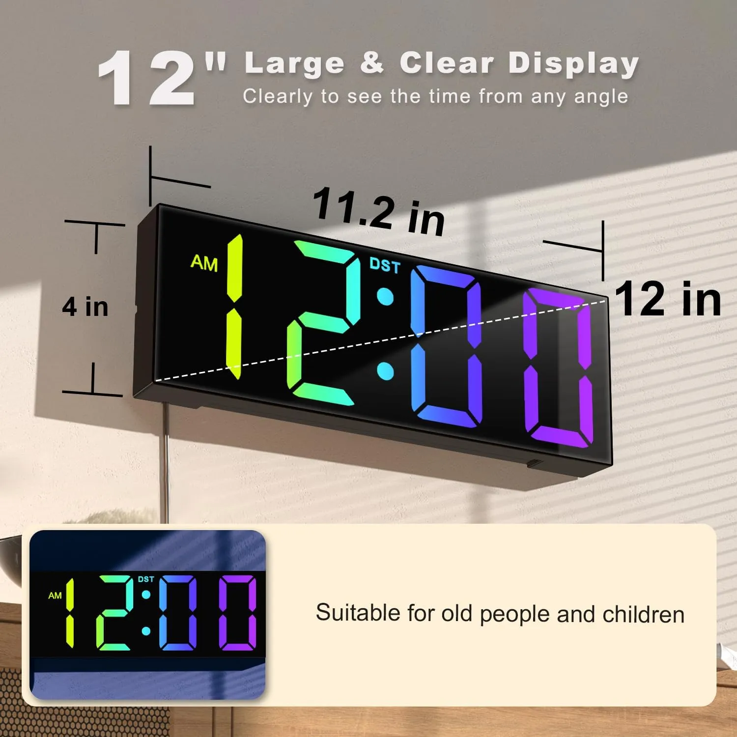 JALL 12'' Large Digital Wall Clock, Big LED Number Dispaly, RGB Colors, DST, Night Light for Classroom, Living Room, Bedroom, Mounted, Birthday Xmas Gift for Senior, Mem Womem Mom Dad