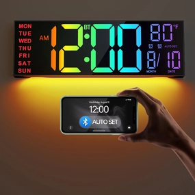 JALL 16.2" Large Digital Wall Clock with Bluetooth Sync, Alarm, Big LED, RGB Color, Auto DST, Temperature for Classroom Bedroom, Garage, Mount, Xmas, Birthday Gift for Aged Elderly Mother Father