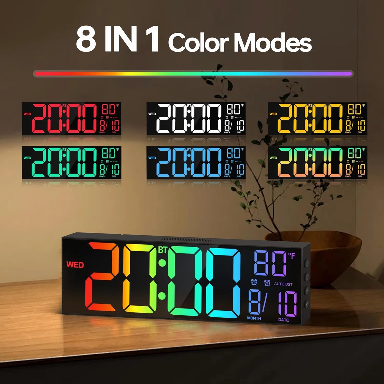 JALL 16.2" Large Digital Wall Clock with Bluetooth Sync, Alarm, Big LED, RGB Color, Auto DST, Temperature for Classroom Bedroom, Garage, Mount, Xmas, Birthday Gift for Aged Elderly Mother Father