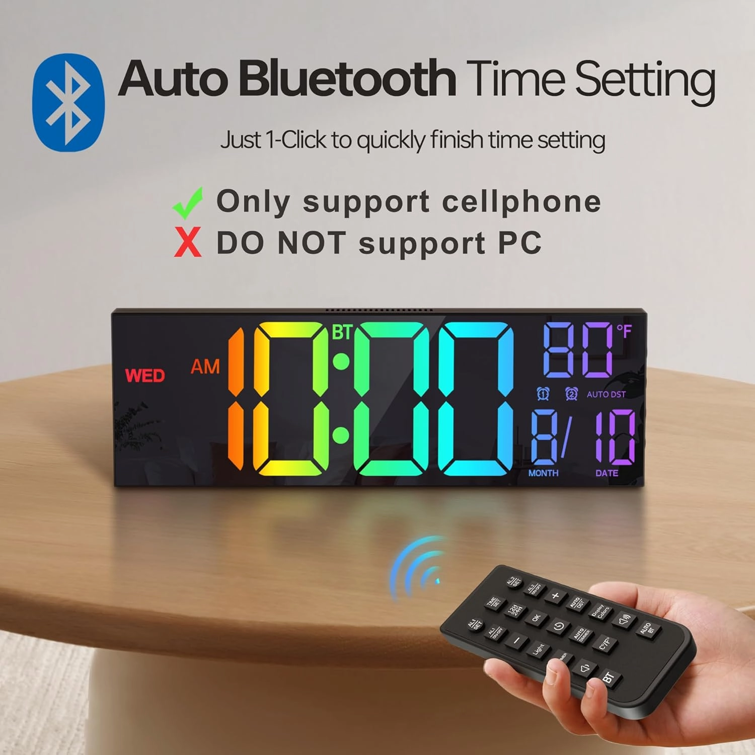 JALL 16.2" Large Digital Wall Clock with Bluetooth Sync, Alarm, Big LED, RGB Color, Auto DST, Temperature for Classroom Bedroom, Garage, Mount, Xmas, Birthday Gift for Aged Elderly Mother Father
