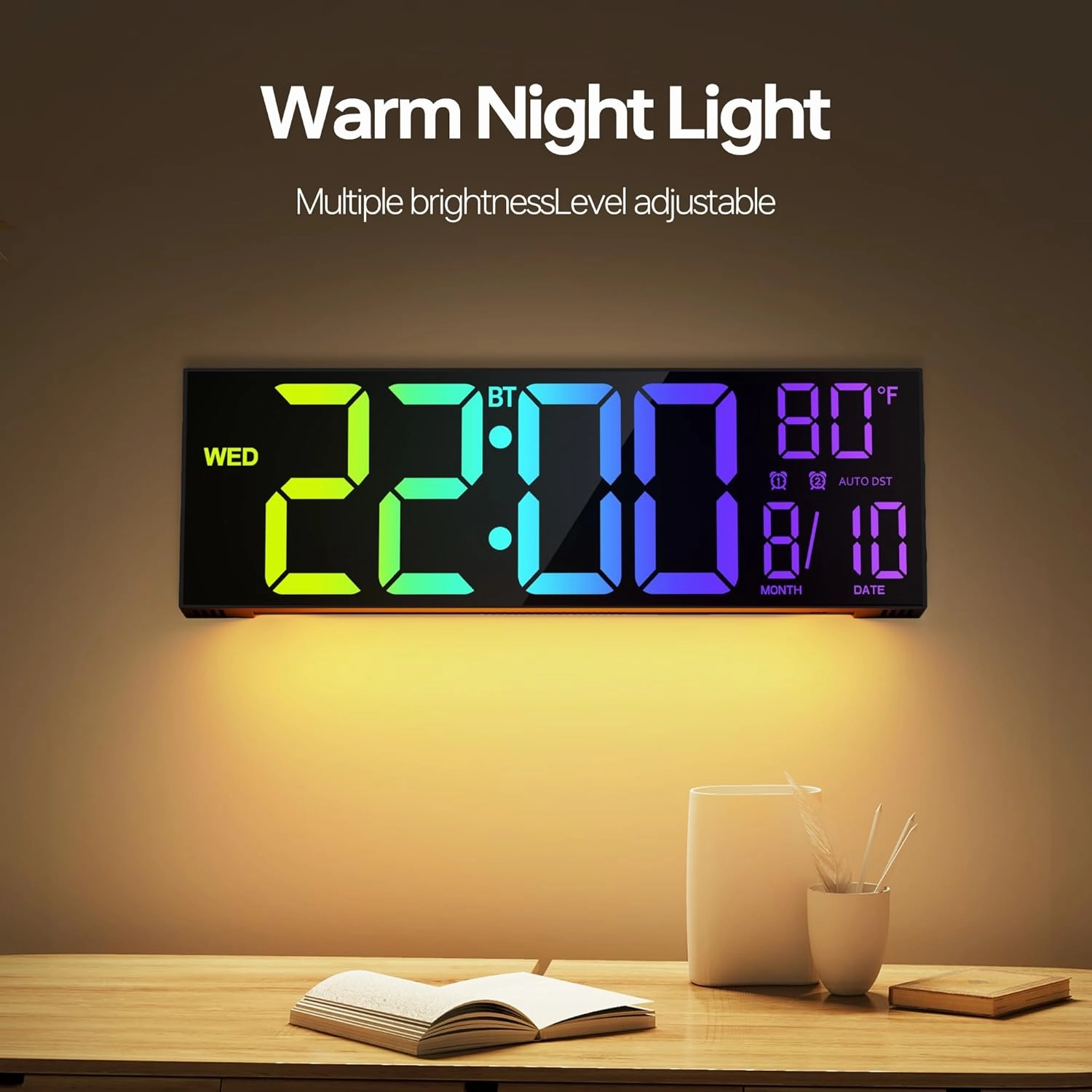 JALL 16.2" Large Digital Wall Clock with Bluetooth Sync, Alarm, Big LED, RGB Color, Auto DST, Temperature for Classroom Bedroom, Garage, Mount, Xmas, Birthday Gift for Aged Elderly Mother Father