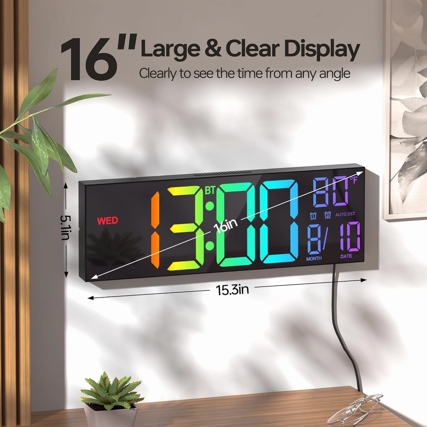 JALL 16.2" Large Digital Wall Clock with Bluetooth Sync, Alarm, Big LED, RGB Color, Auto DST, Temperature for Classroom Bedroom, Garage, Mount, Xmas, Birthday Gift for Aged Elderly Mother Father