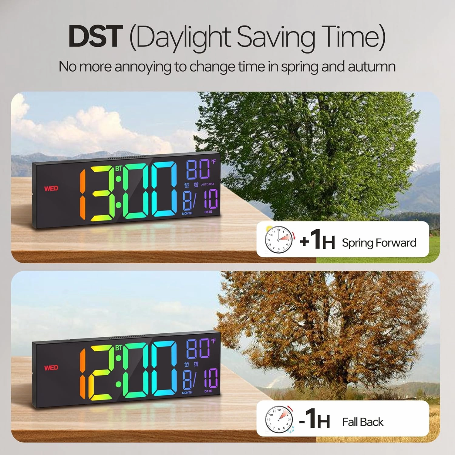 JALL 16.2" Large Digital Wall Clock with Bluetooth Sync, Alarm, Big LED, RGB Color, Auto DST, Temperature for Classroom Bedroom, Garage, Mount, Xmas, Birthday Gift for Aged Elderly Mother Father