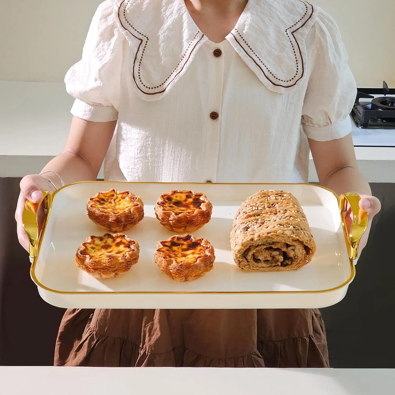 JEESA Set of 3 Serving Platters with Handles 16.5/15/13.2 Inch Large Party Reusable Tray Rectangular White Plates for Dinner, Cookie, Cake, Turkey, Cheese
