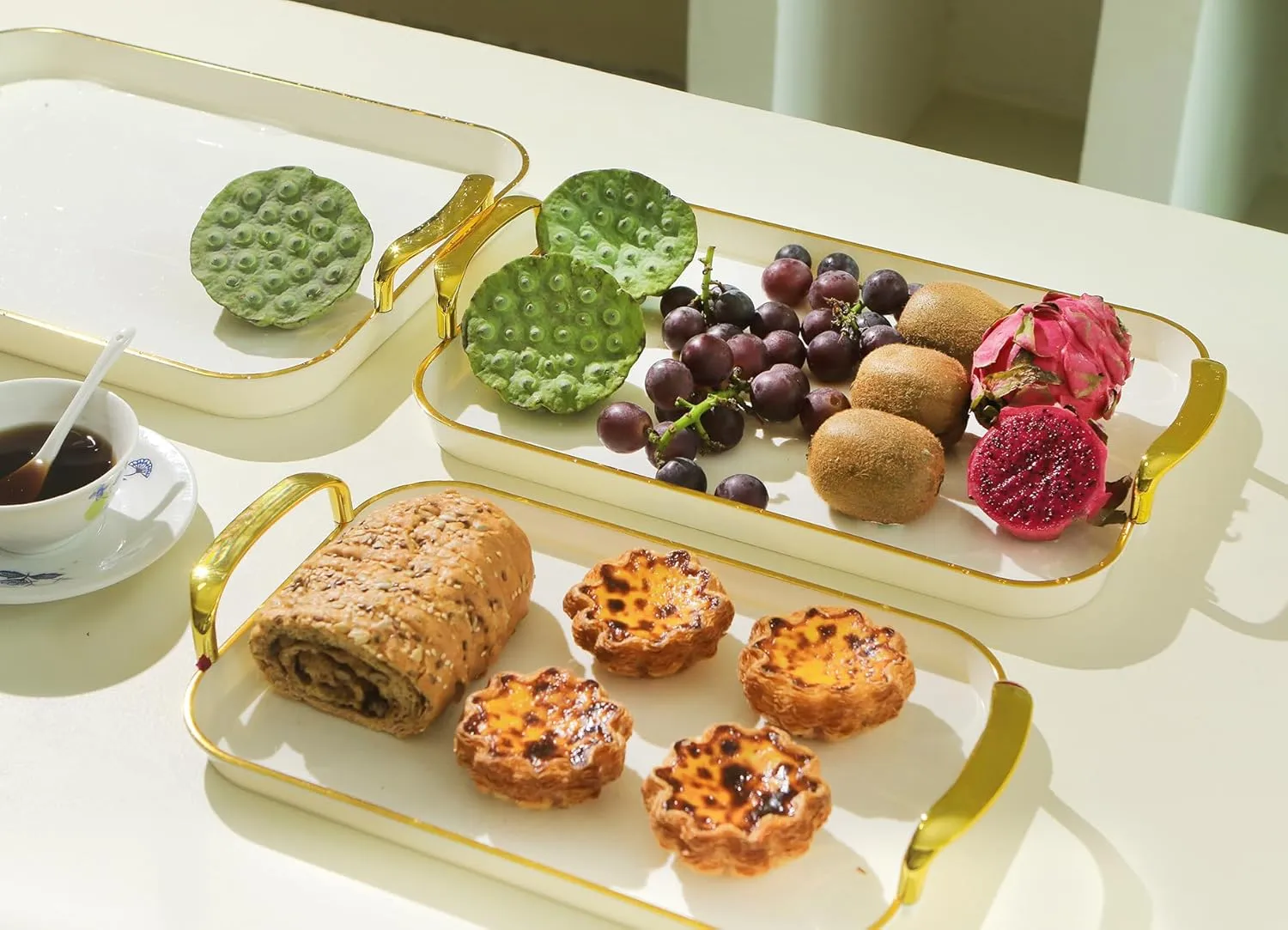 JEESA Set of 3 Serving Platters with Handles 16.5/15/13.2 Inch Large Party Reusable Tray Rectangular White Plates for Dinner, Cookie, Cake, Turkey, Cheese