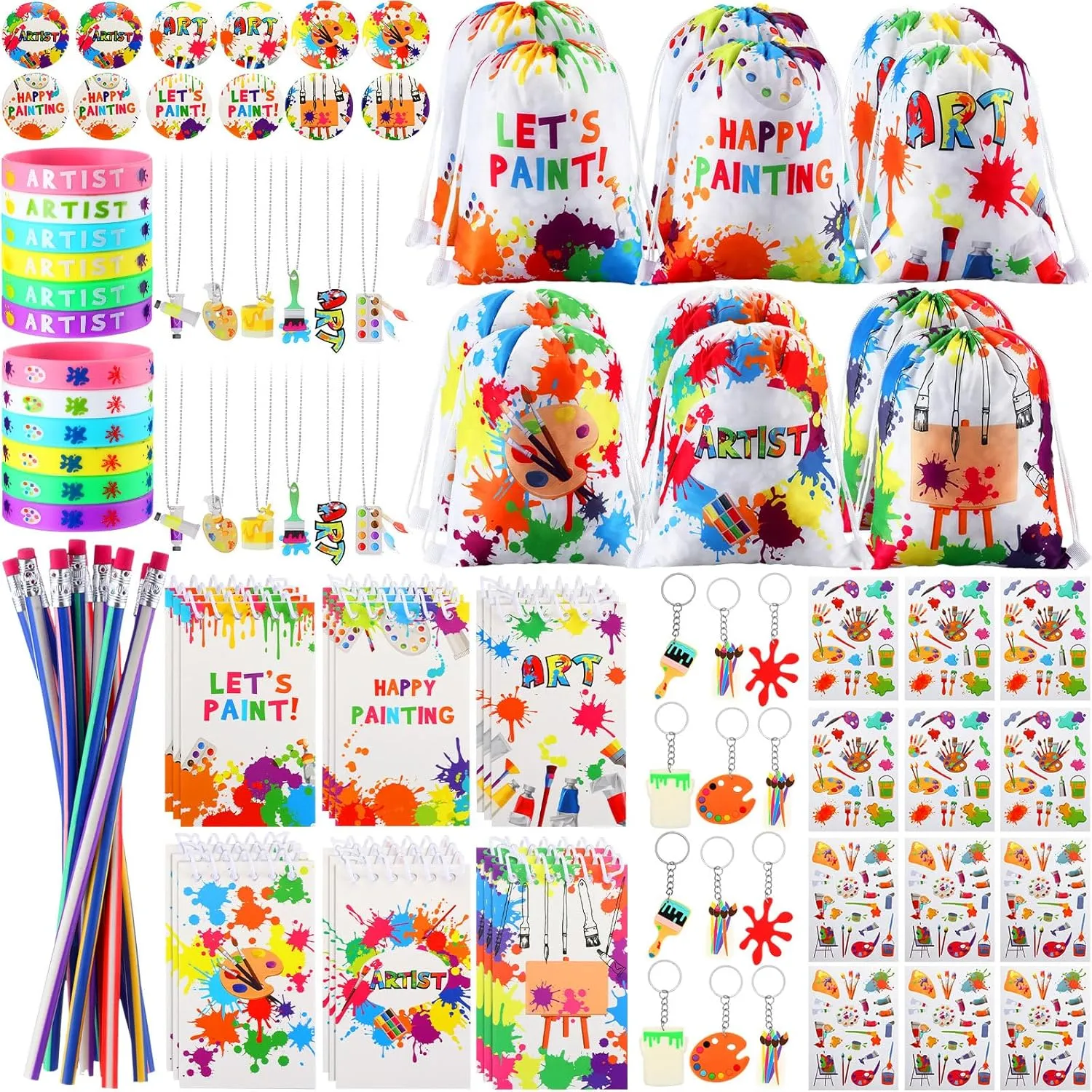 Jenaai 102 Pcs Art Paint Party Favor Supplies Set Includes 12 Drawstring Backpacks 12 Silicone Bracelets 12 Badges 12 Keychains 18 Spiral Notepads 12 Bendable Pencils 12 Stickers and 12 Necklaces