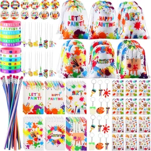 Jenaai 102 Pcs Art Paint Party Favor Supplies Set Includes 12 Drawstring Backpacks 12 Silicone Bracelets 12 Badges 12 Keychains 18 Spiral Notepads 12 Bendable Pencils 12 Stickers and 12 Necklaces