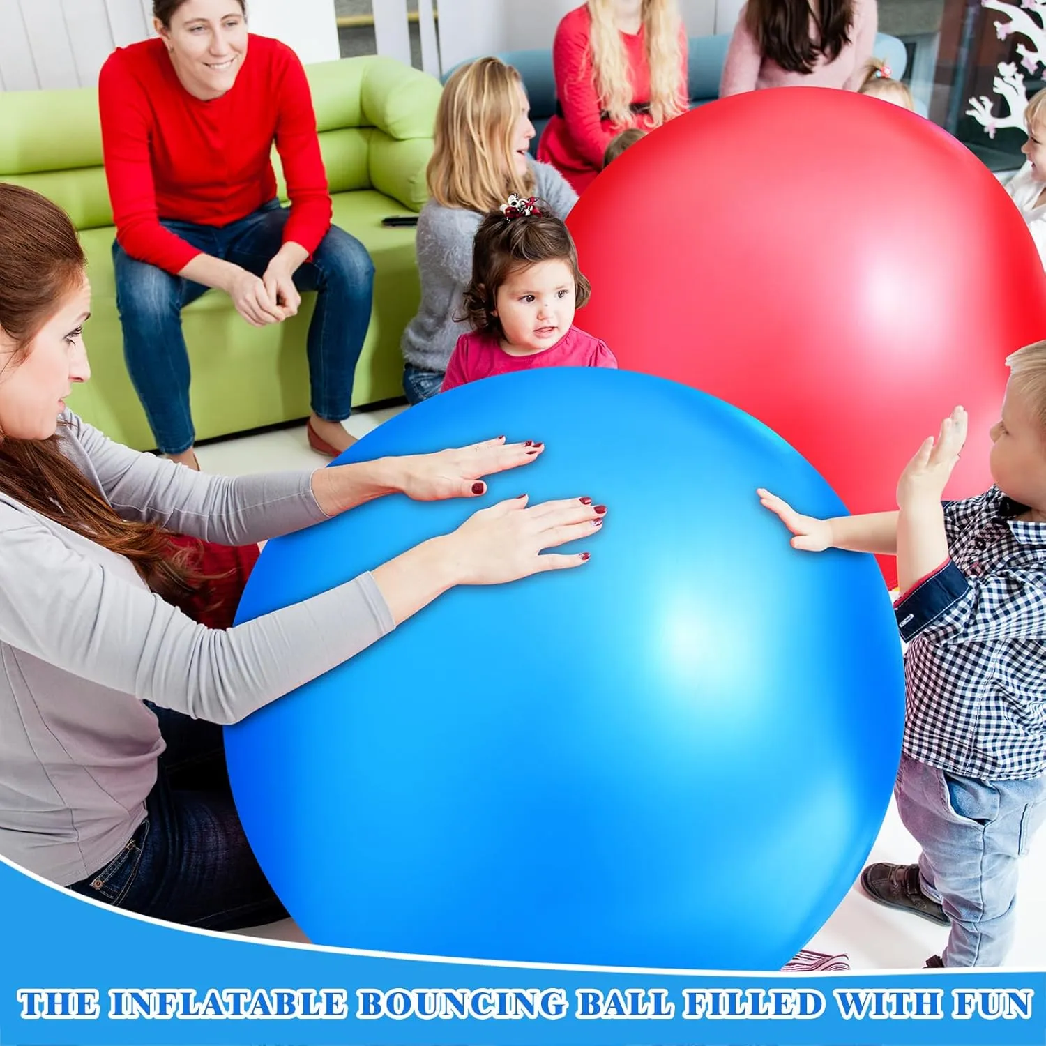 Jenaai 2 Pcs 30 Inch Large Bouncy Balls Giant Inflatable Rubber Kickballs Outdoor Exercise Jumping Hopping Big Ball for Outdoor Activity Game Sports Party Decor(Red, Blue)