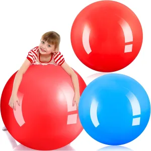 Jenaai 2 Pcs 30 Inch Large Bouncy Balls Giant Inflatable Rubber Kickballs Outdoor Exercise Jumping Hopping Big Ball for Outdoor Activity Game Sports Party Decor(Red, Blue)