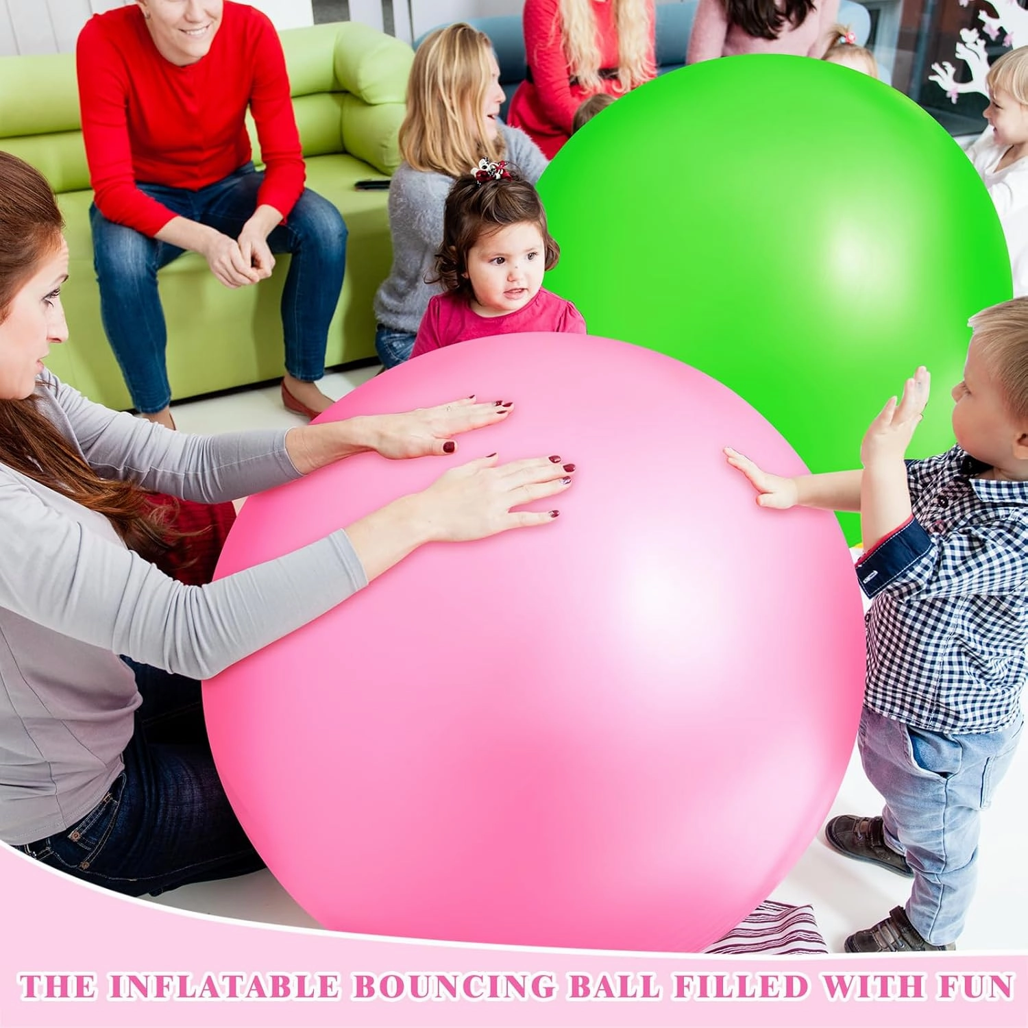 Jenaai 2 Pcs 30 Inch Large Bouncy Balls Giant Inflatable Rubber Kickballs Outdoor Exercise Jumping Hopping Big Ball for Outdoor Activity Game Sports Party Decor(Pink, Green)