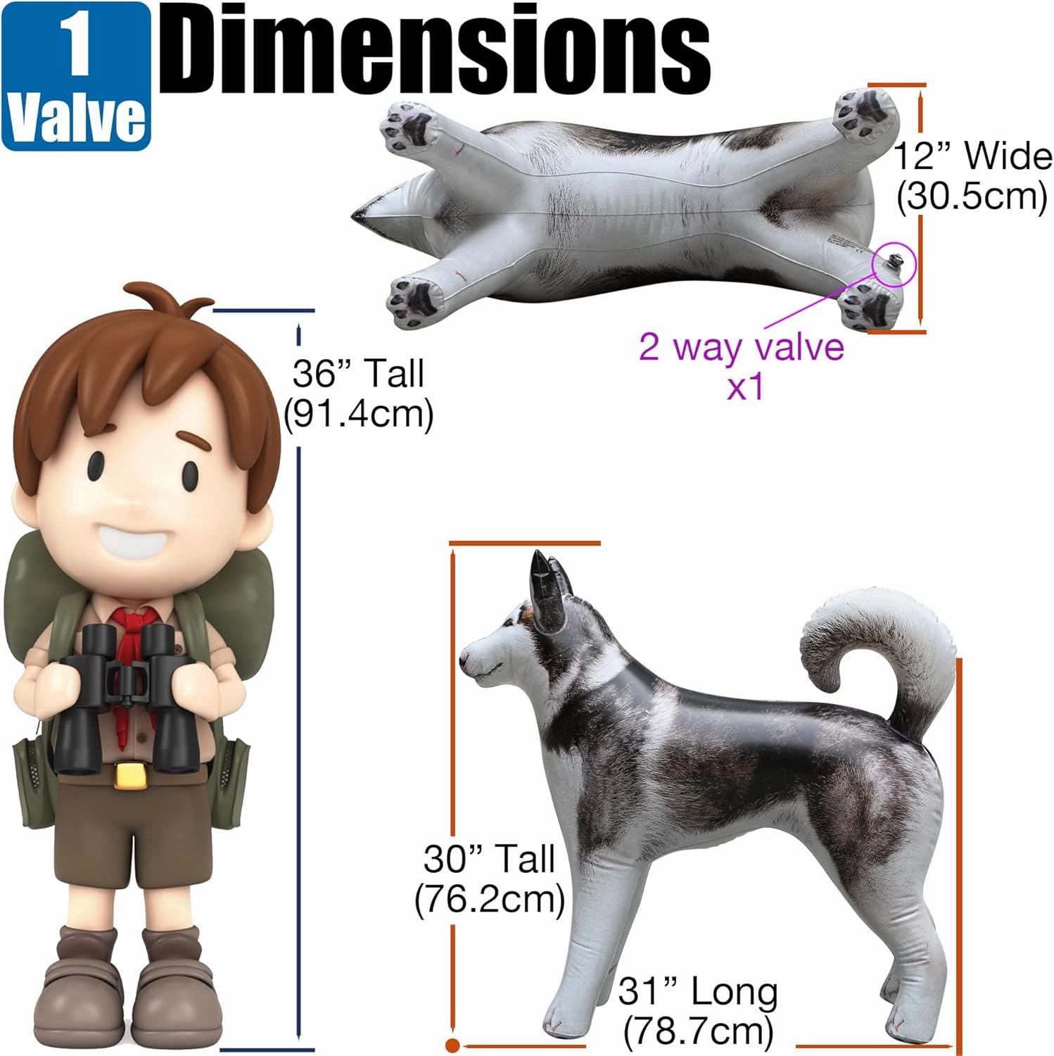 Jet Creations 30" Tall Inflatable Husky Dog Black White Lifelike Blow-Up Animal Figure, Puppy Pet Decor Play Farm Theme Party Pool Birthday VBS Photo Prop, Sport Mascot, Gift for Boys Girls Kids 1pc