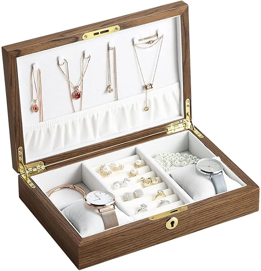 Jewellery Box Large Wood Jewelry Box Wooden Velvet Necklace Ring Earring Watch Organizer Jewellery Storage Case