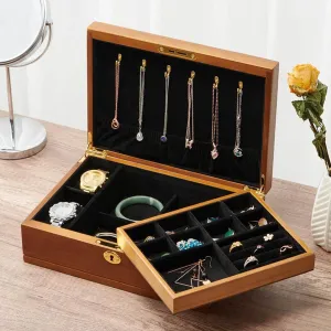 Jewelry Box , 2 Layer Solid Wood Jewelry Box with Lock and Key for Women V-intage Velvet Jewelry Organizer Storage Holder Display Case for Earrings Rings Necklaces Bracelet Watch B-Small(B,Medium)