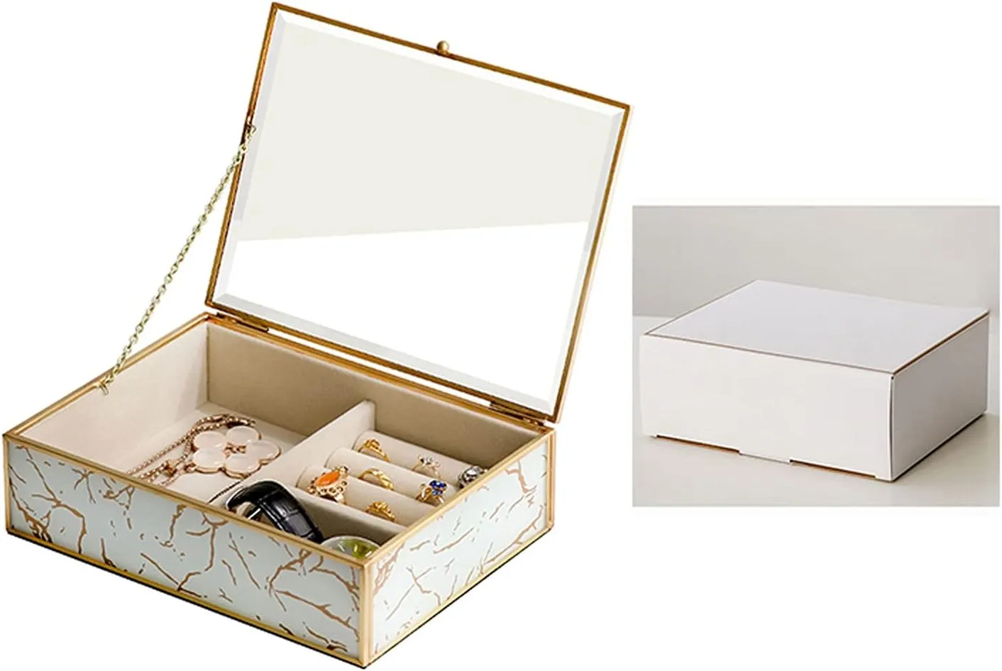 Jewelry Box Jewelry Box,Luxury Glass Jewelry Organizer Box Elegant Peacock Feather Gold Border Decoration Ring Necklace Earrings Watch Storage Box Ladies Gift Jewelry Boxes and Organizers (D)