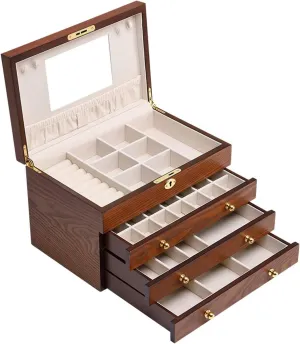 Jewelry Box Women's Large Jewelry Box Mirrored Watch Organizer Necklace Ring Earring Storage Lockable Gift Case Wooden Jewelry Box (Color : Brown) (White)