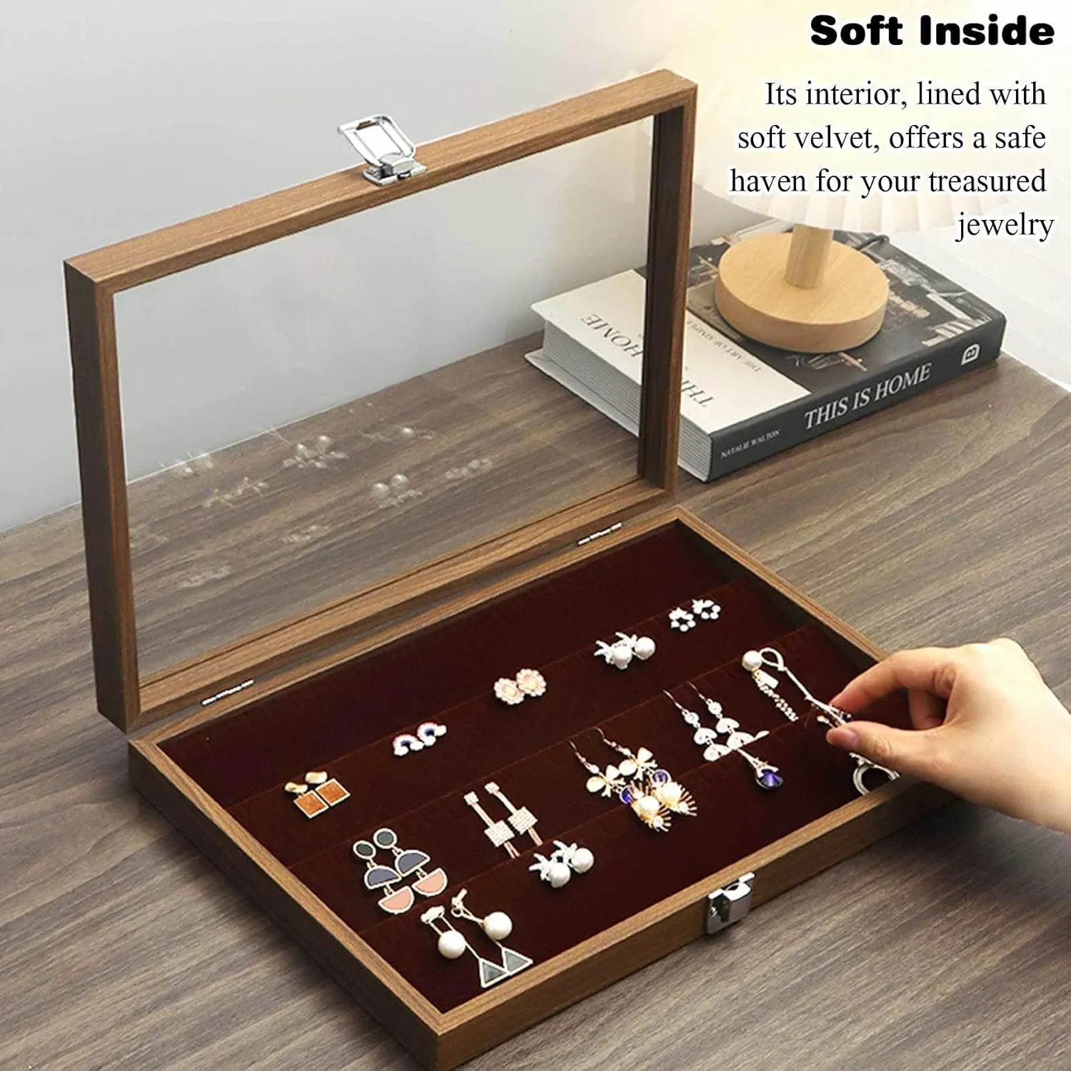 Jewelry Box, Wooden Jewelry Organizer Box with Clear Glass Lid Jewelry Holder Organizer Velvet Jewelry Storage Case for Women Earrings Rings Necklaces Bracelet Watch D(E)
