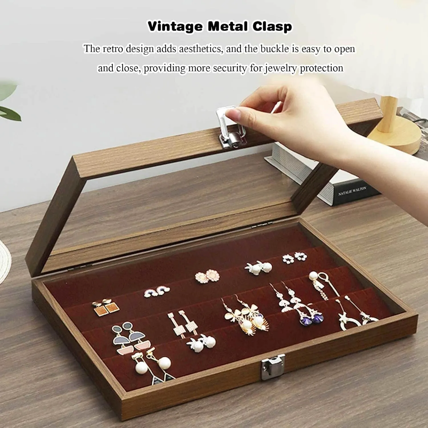Jewelry Box, Wooden Jewelry Organizer Box with Clear Glass Lid Jewelry Holder Organizer Velvet Jewelry Storage Case for Women Earrings Rings Necklaces Bracelet Watch D(E)