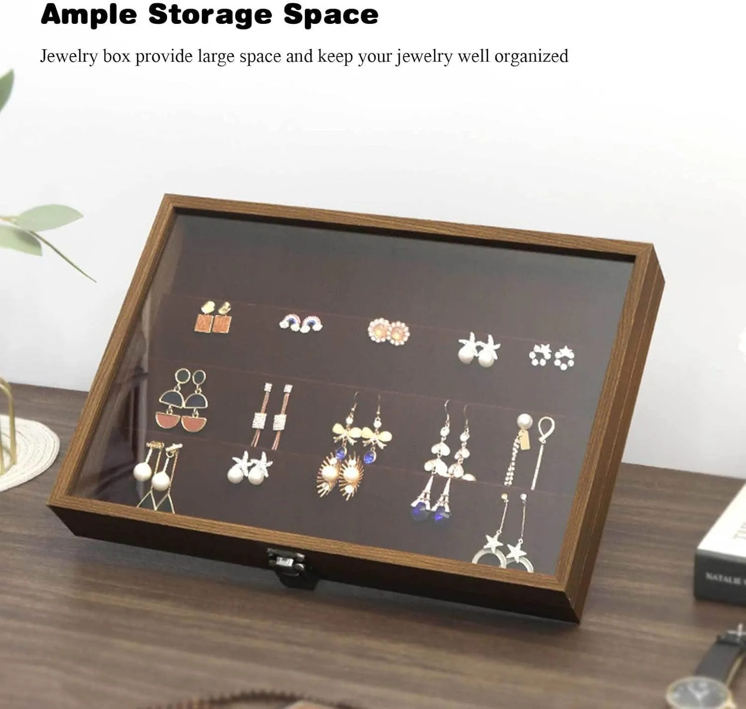 Jewelry Box, Wooden Jewelry Organizer Box with Clear Glass Lid Jewelry Holder Organizer Velvet Jewelry Storage Case for Women Earrings Rings Necklaces Bracelet Watch D(E)