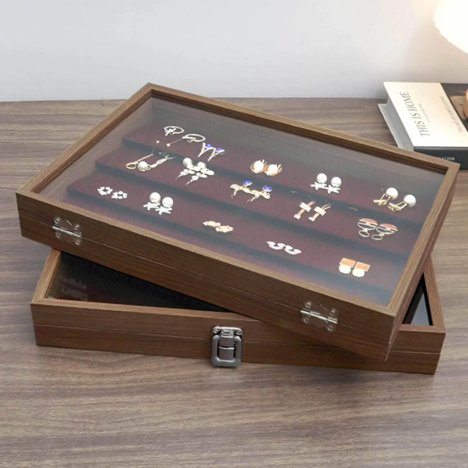 Jewelry Box, Wooden Jewelry Organizer Box with Clear Glass Lid Jewelry Holder Organizer Velvet Jewelry Storage Case for Women Earrings Rings Necklaces Bracelet Watch D(E)