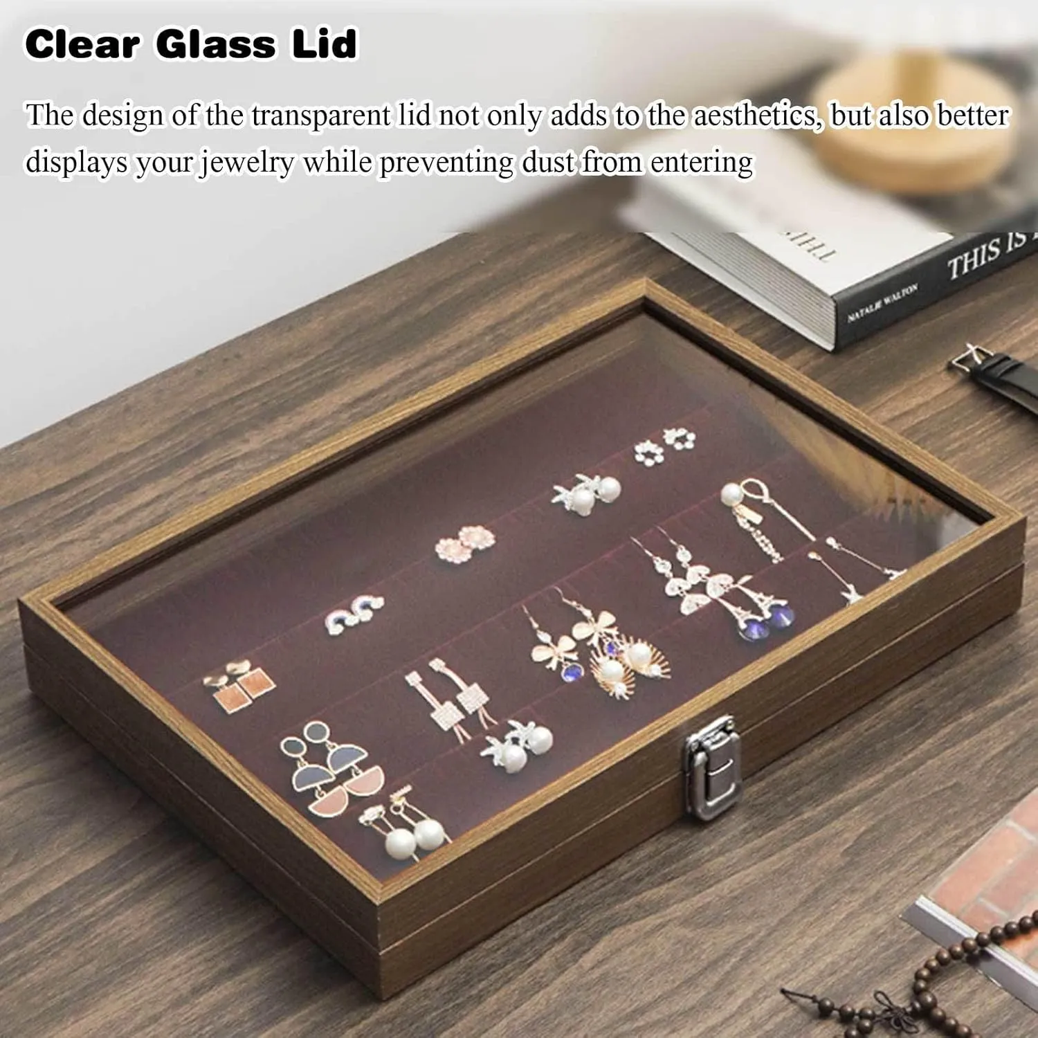 Jewelry Box, Wooden Jewelry Organizer Box with Clear Glass Lid Jewelry Holder Organizer Velvet Jewelry Storage Case for Women Earrings Rings Necklaces Bracelet Watch D(E)