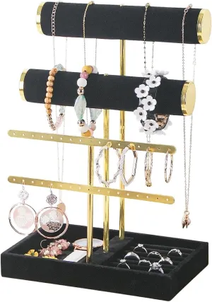 Jewelry Organizer Stand, T-Bar Metal Frame Jewelry Display Stand, Jewelry Display Holder with Tray, Necklace Bracelet Earring Ring Organizer Holder for Women Home Use (Black Velvet)