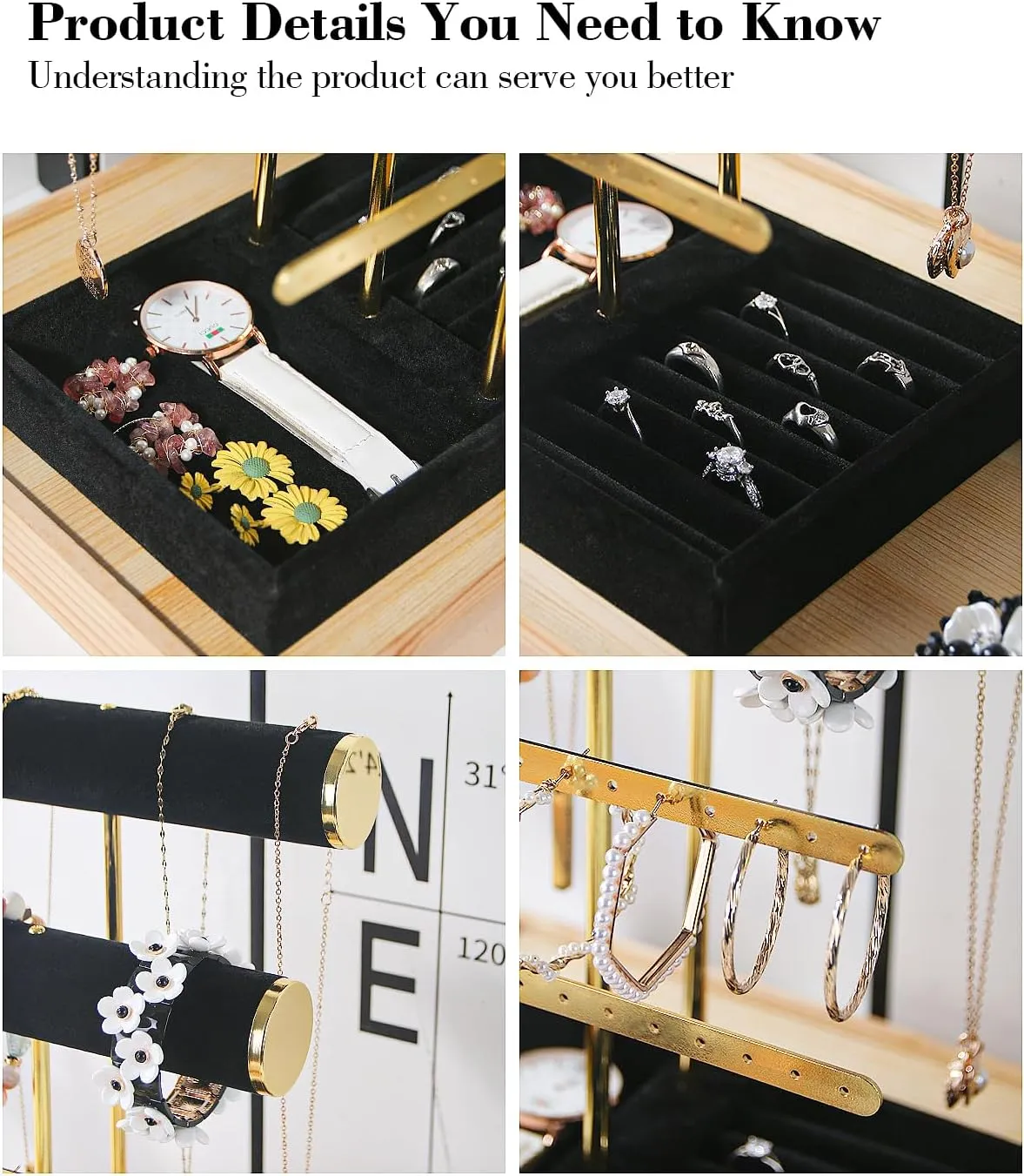 Jewelry Organizer Stand, T-Bar Metal Frame Jewelry Display Stand, Jewelry Display Holder with Tray, Necklace Bracelet Earring Ring Organizer Holder for Women Home Use (Black Velvet)