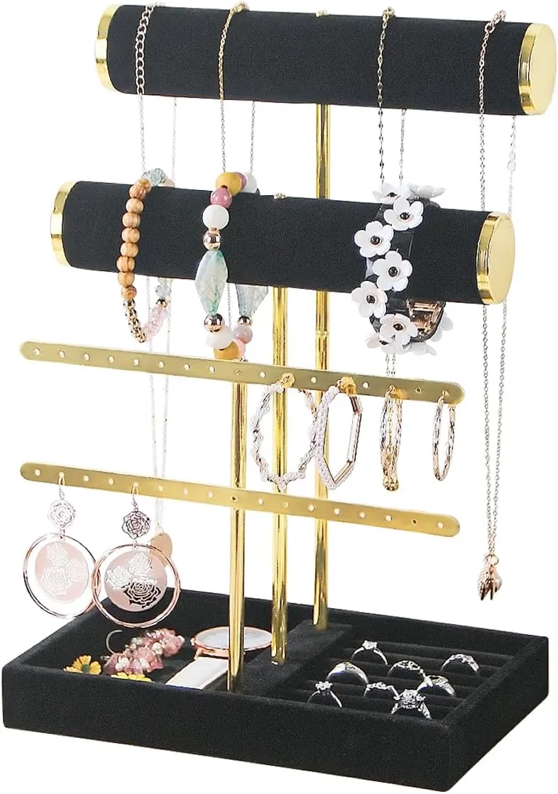 Jewelry Organizer Stand, T-Bar Metal Frame Jewelry Display Stand, Jewelry Display Holder with Tray, Necklace Bracelet Earring Ring Organizer Holder for Women Home Use (Black Velvet)