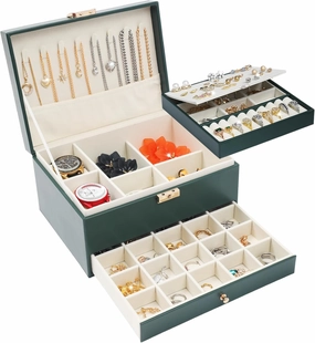 Jewelry Box for Women Girl Wife - Large PU Leather Jewelry Organizer Storage Case with Two Layers Display for Earrings Bracelets Rings Watches (Green)