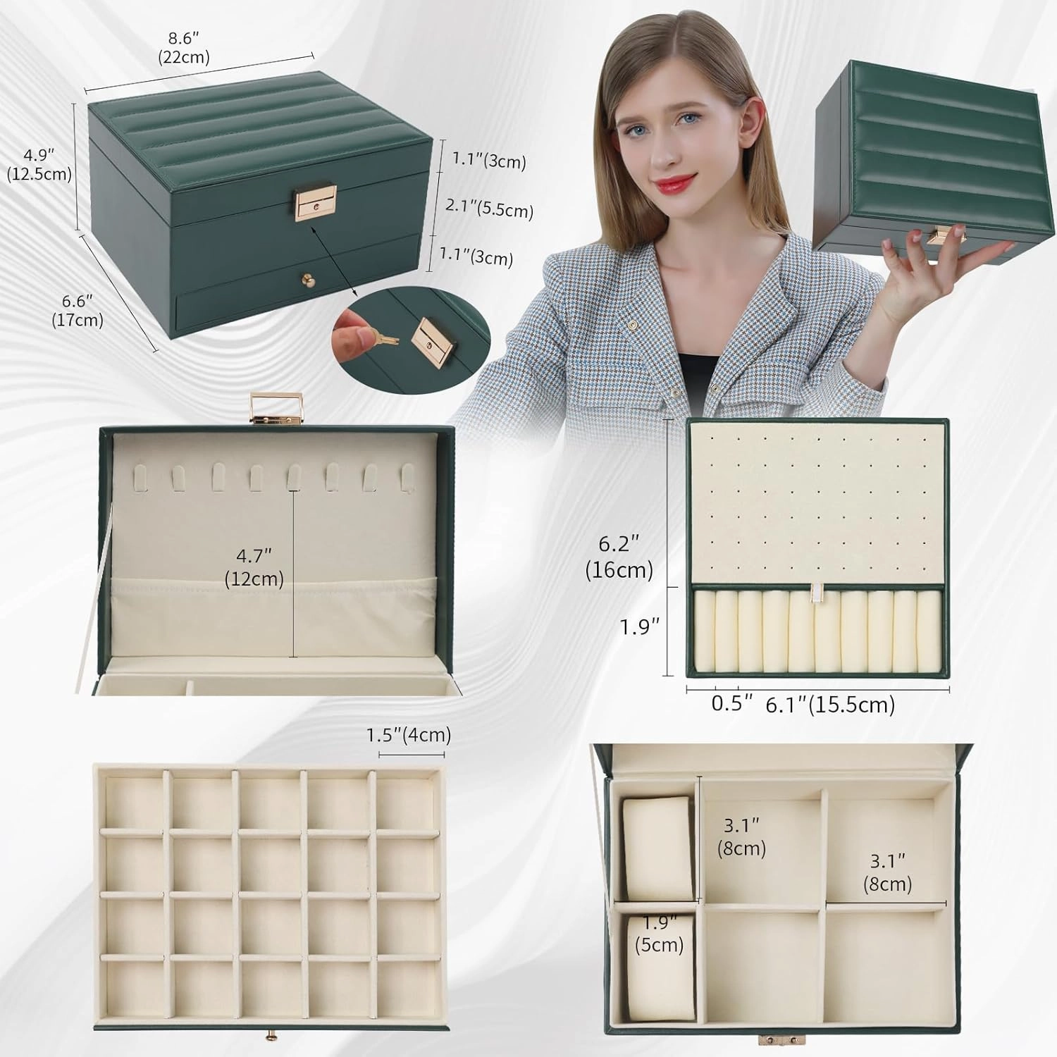 Jewelry Box for Women Girl Wife - Large PU Leather Jewelry Organizer Storage Case with Two Layers Display for Earrings Bracelets Rings Watches (Green)