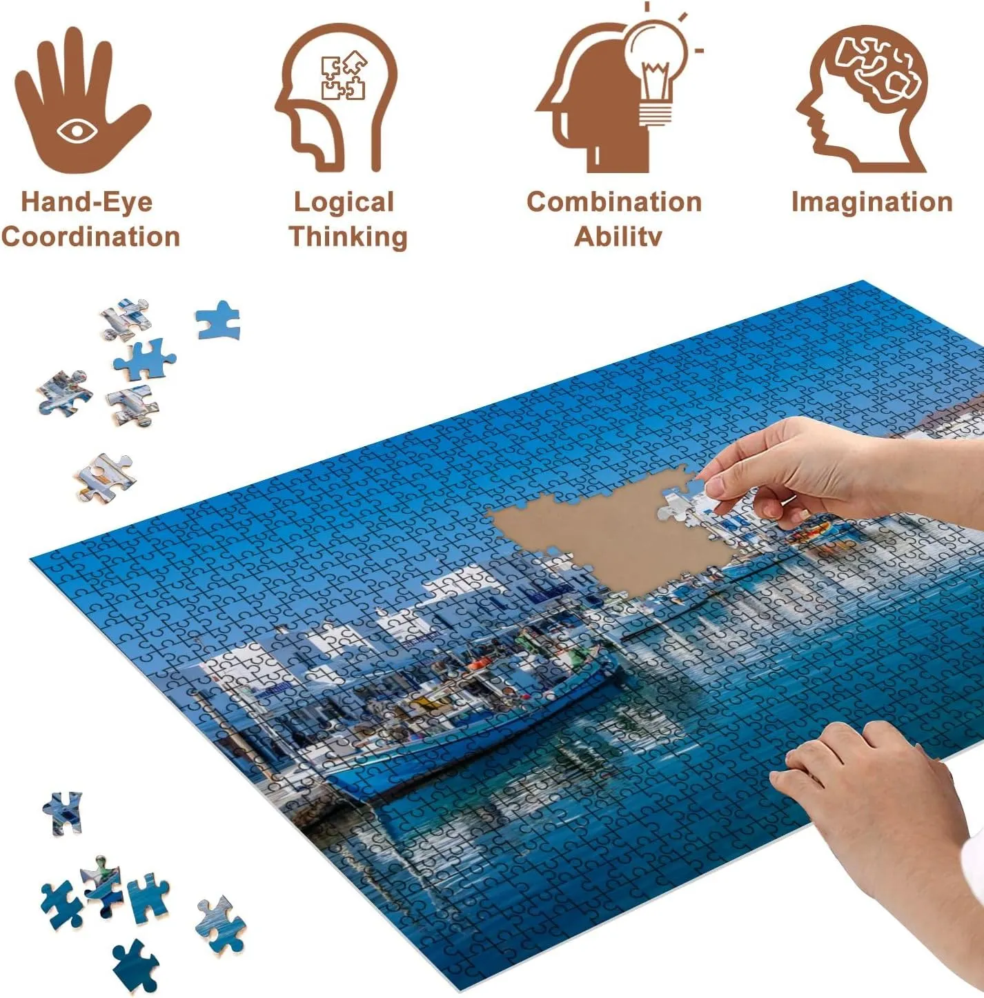 Jigsaw Puzzles 1000 Pieces for Adult Harbor Fishing Village Naousa Cyclades Puzzle Game for Family Wooden Puzzle Toy Educational Games Puzzles for Home Decor