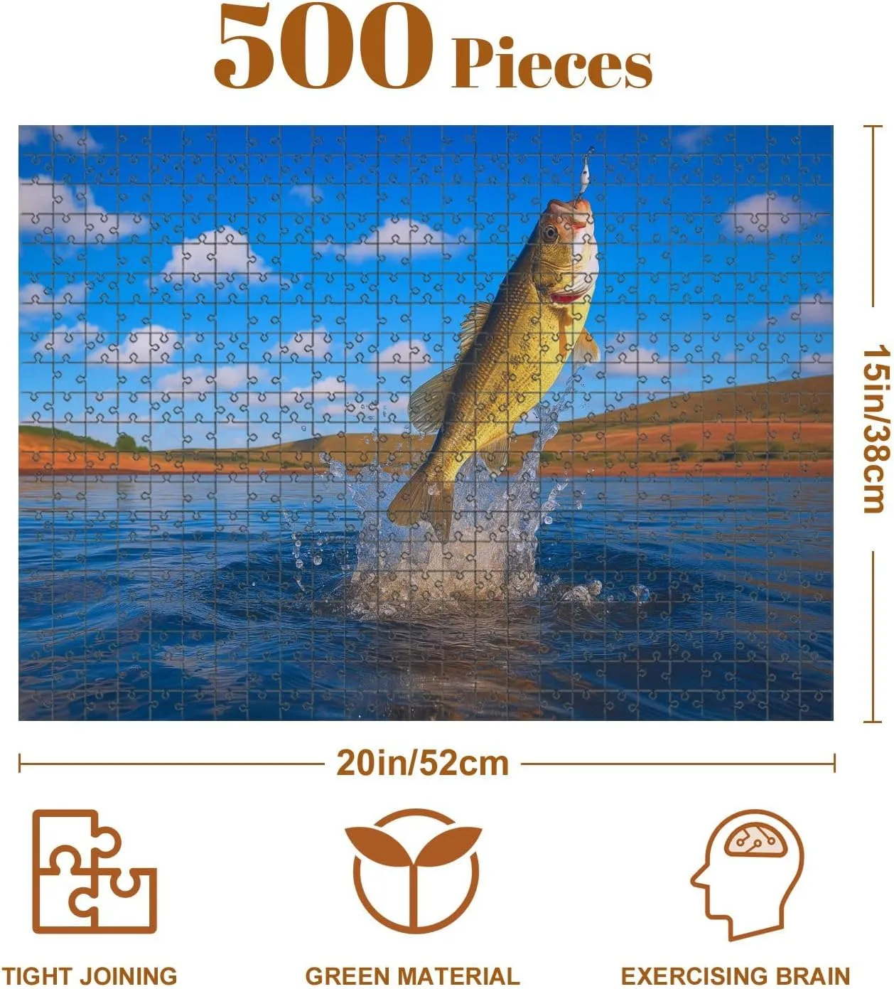 Jigsaw Puzzles 500 Pieces for Adult Big Bass Large Mouth Fishing Lake Blue Sky Dawn Sunrise Puzzle Game for Family Wooden Puzzle Toy Educational Games Puzzles for Home Decor
