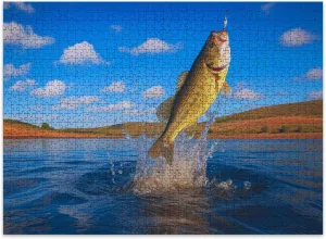 Jigsaw Puzzles 500 Pieces for Adult Big Bass Large Mouth Fishing Lake Blue Sky Dawn Sunrise Puzzle Game for Family Wooden Puzzle Toy Educational Games Puzzles for Home Decor