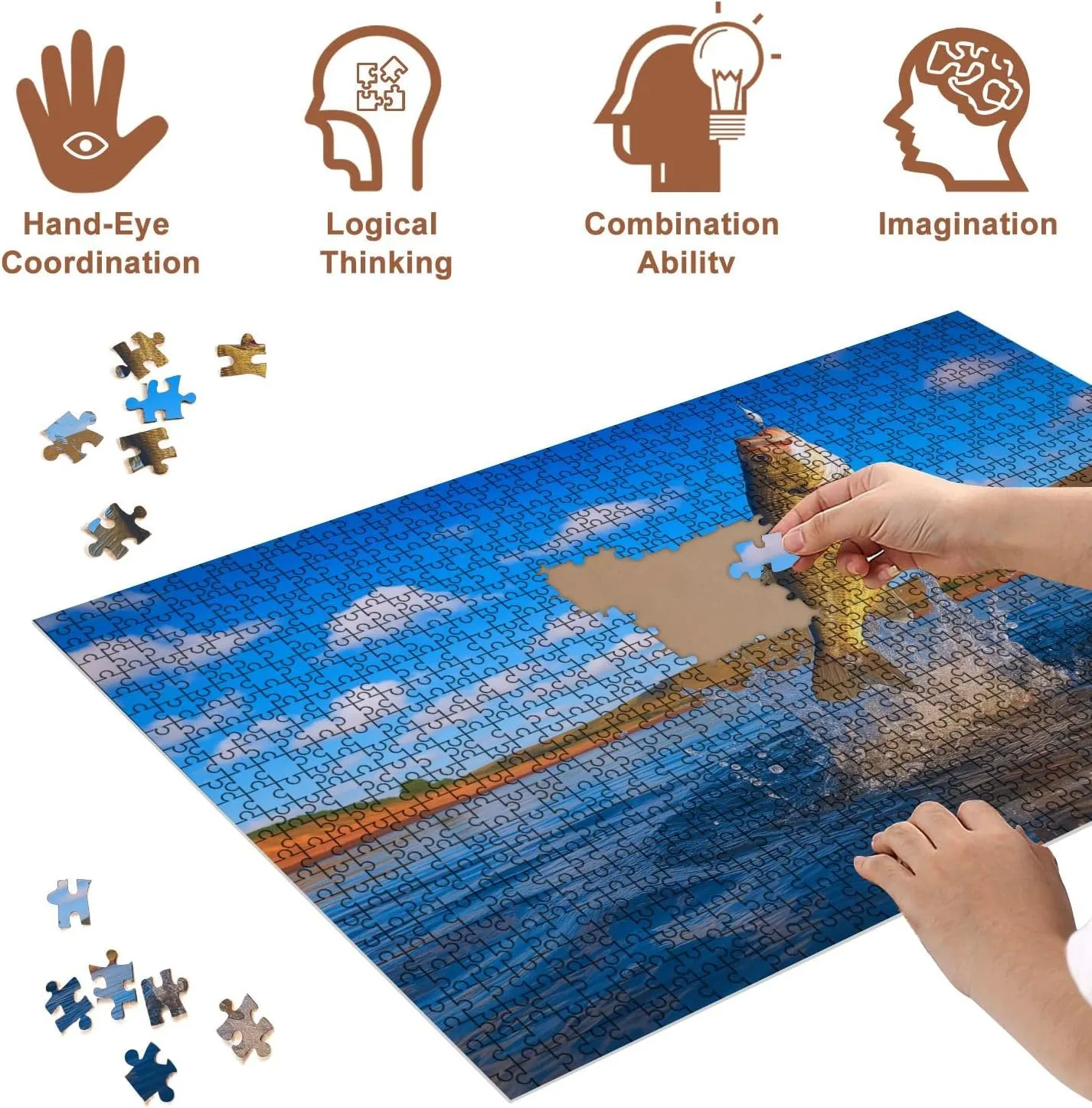 Jigsaw Puzzles 500 Pieces for Adult Big Bass Large Mouth Fishing Lake Blue Sky Dawn Sunrise Puzzle Game for Family Wooden Puzzle Toy Educational Games Puzzles for Home Decor