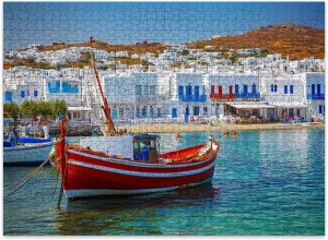Jigsaw Puzzles 500 Pieces for Adult Harbor Colorful Old Fishing Boats Mykonos Island Greece Puzzle Game for Family Wooden Puzzle Toy Educational Games Puzzles for Home Decor