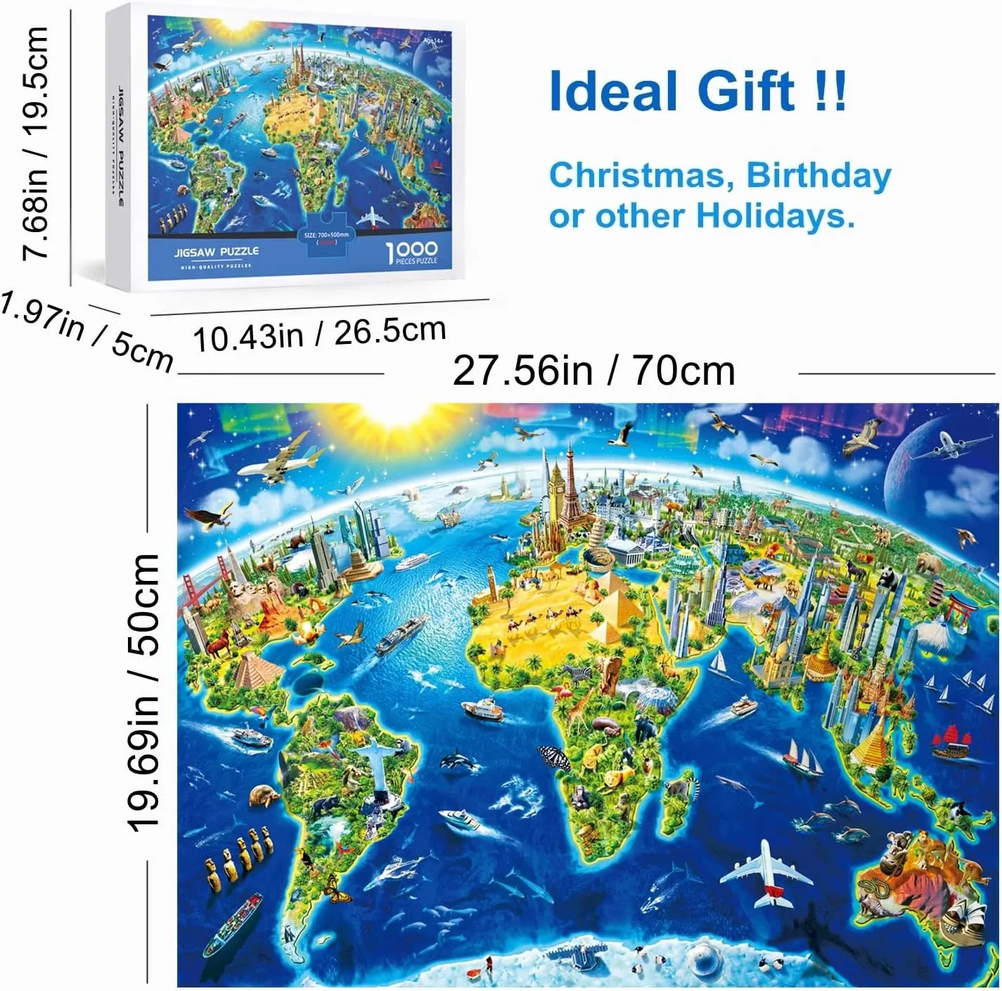 Jigsaw Puzzles for Adults 1000 Piece World Landmarks 27.56 x 19.69 Inch Map Puzzles 1000 Pieces for Adults Kids Educational Game Challenge Toy World Map Puzzles 1000 Pieces