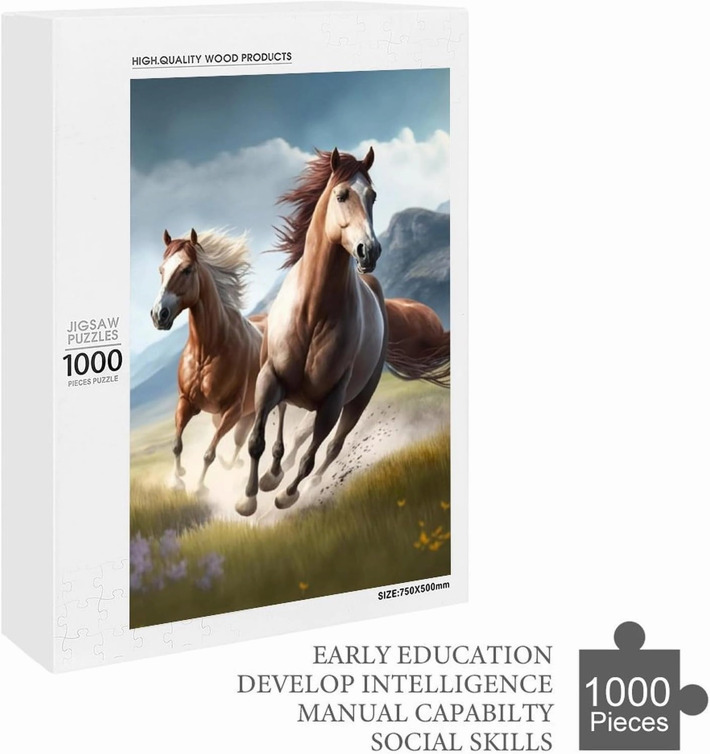 Jigsaw Puzzle 1000 Pieces Wooden Puzzle Grassland Running Horses Picture Family Decorations, Unique Birthday Present Suitable for Adults
