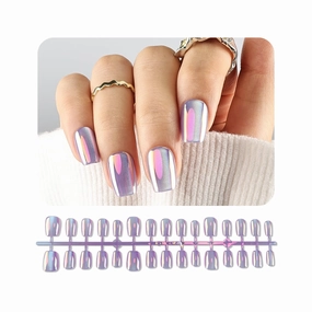JODSONE 30PCS Light Purple Metallic Mirror Effect Fake Nails Magic Mirror Press On Nails, Metal Chrome Square Stick On Nails Reusable High Shine Elegant Nail Designs