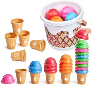 JoyCat Ice Cream Preschool Learning Activities Counting and Color Sorting Set Stacking Toys for Kids 3-5, Safety Fine Motor Skills Toy, Math Learning Resources Easter Basket Stuffers for Toddler 30PCS