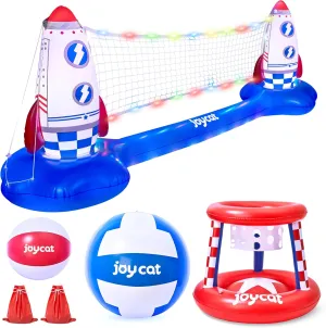 JoyCat LED Inflatable Pool Floats Set,125 Inch Volleyball Net & Basketball Hoop,Floating Swimming Pool Games Beach Toys for Kids,Water Games for Adults and Family,Pools Party Gift