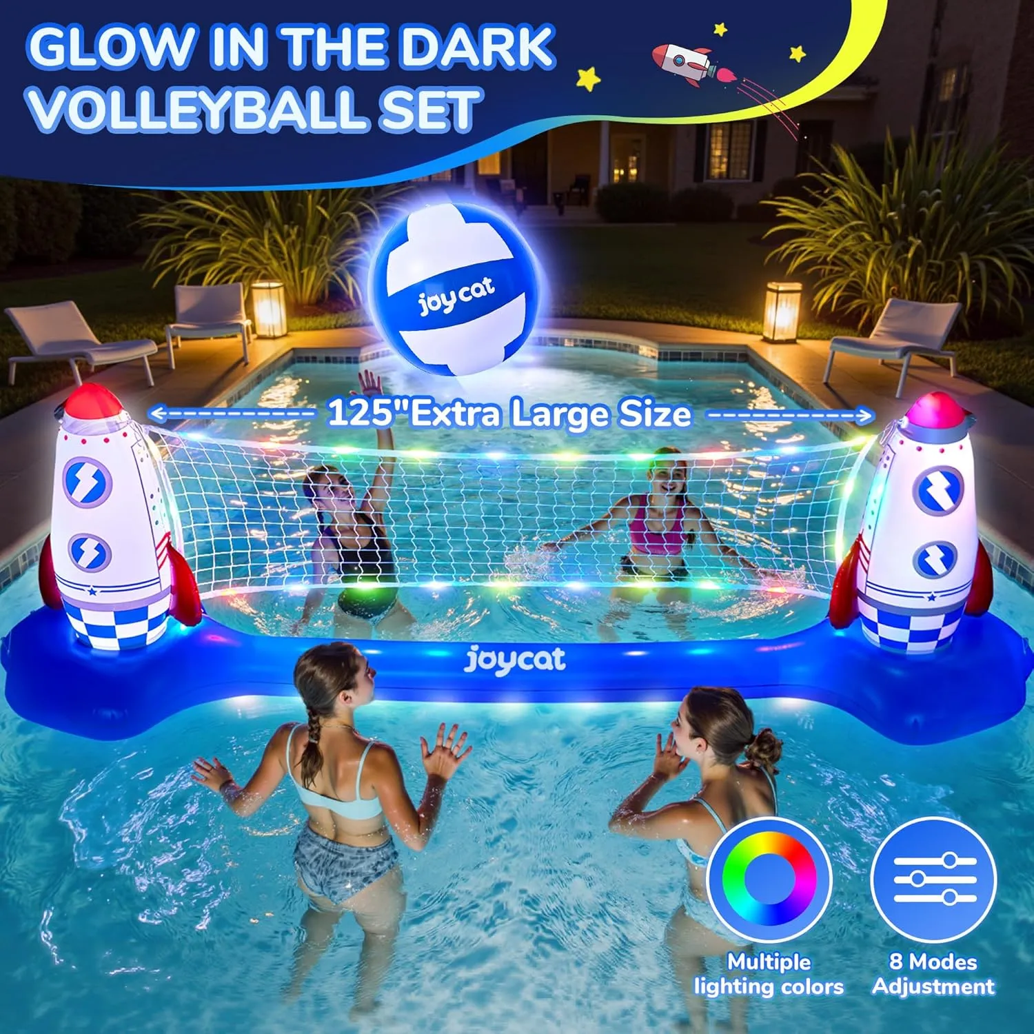 JoyCat LED Inflatable Pool Floats Set,125 Inch Volleyball Net & Basketball Hoop,Floating Swimming Pool Games Beach Toys for Kids,Water Games for Adults and Family,Pools Party Gift