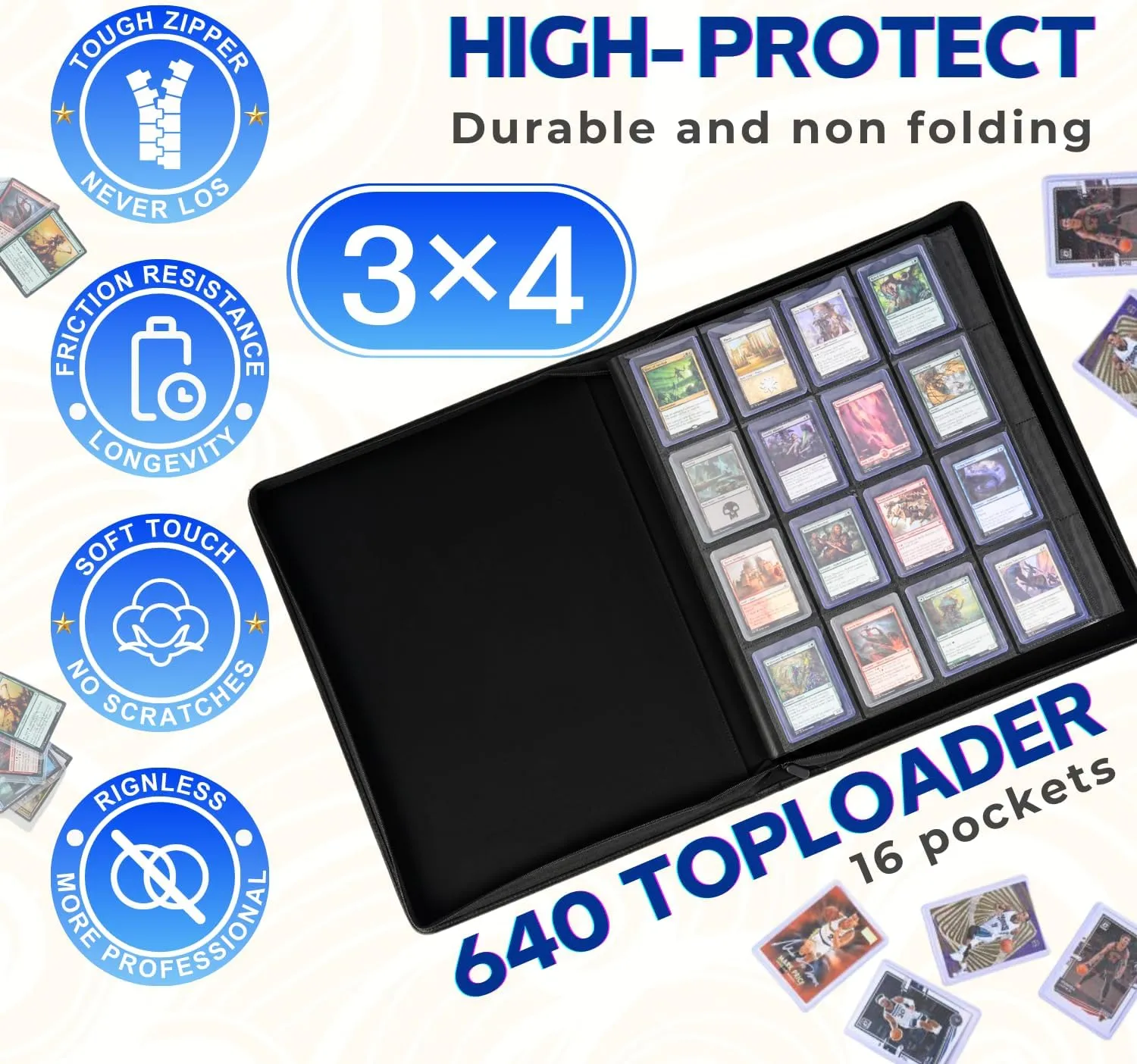 Jumbo Toploader Binder - Holds 640  Top Loaders for Cards, 16 Pocket Top Loader Binders with Sleeves for 3" x 4" Rigid Card Holders for Baseball, Football and other Sports Cards (BLUE)