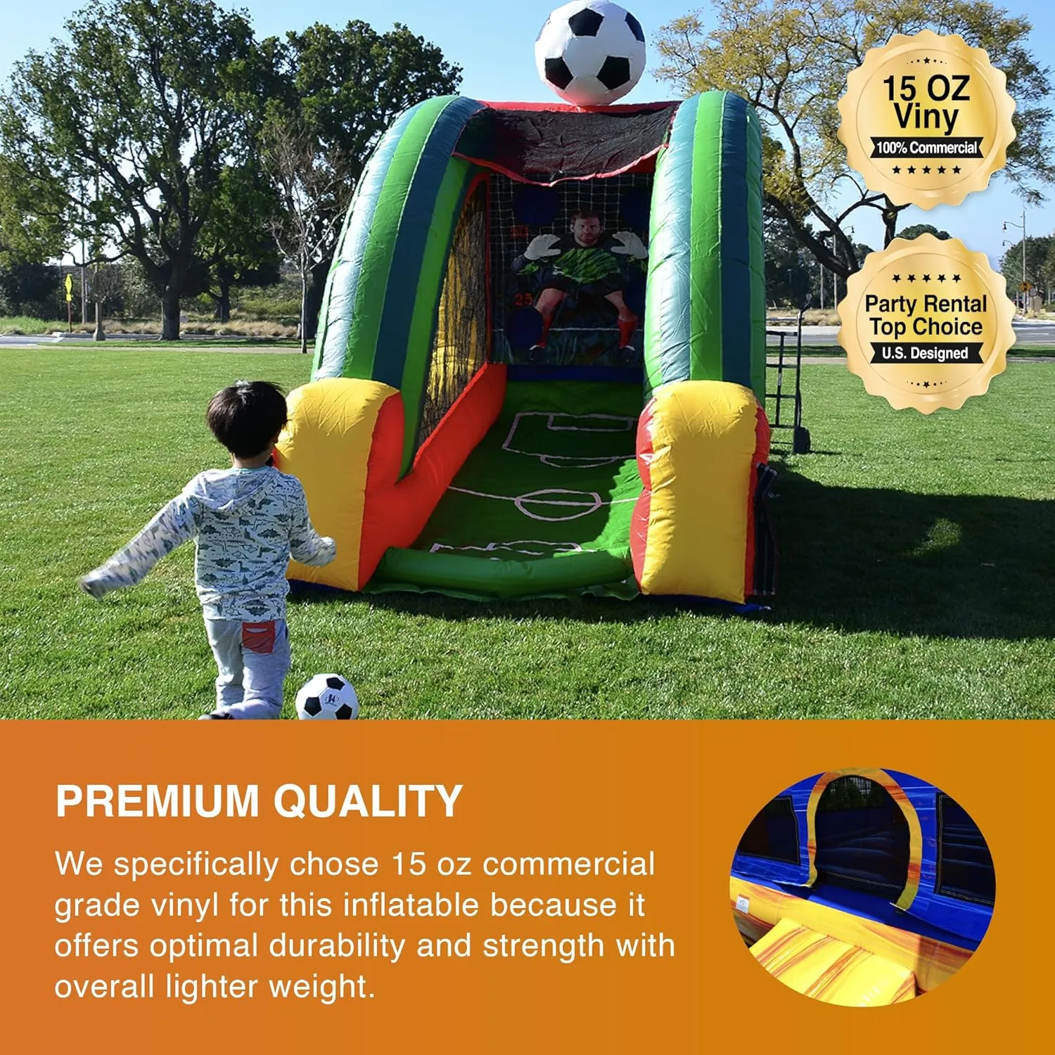 JumpOrange Inflatable Soccer Game (with Blower and Foam Soccer Ball), Kids and Adults, Commercial Grade, Rental Game, Kicking Target Holes, Outdoor Indoor, Party Game, 15oz PVC Vinyl, <90 LBS