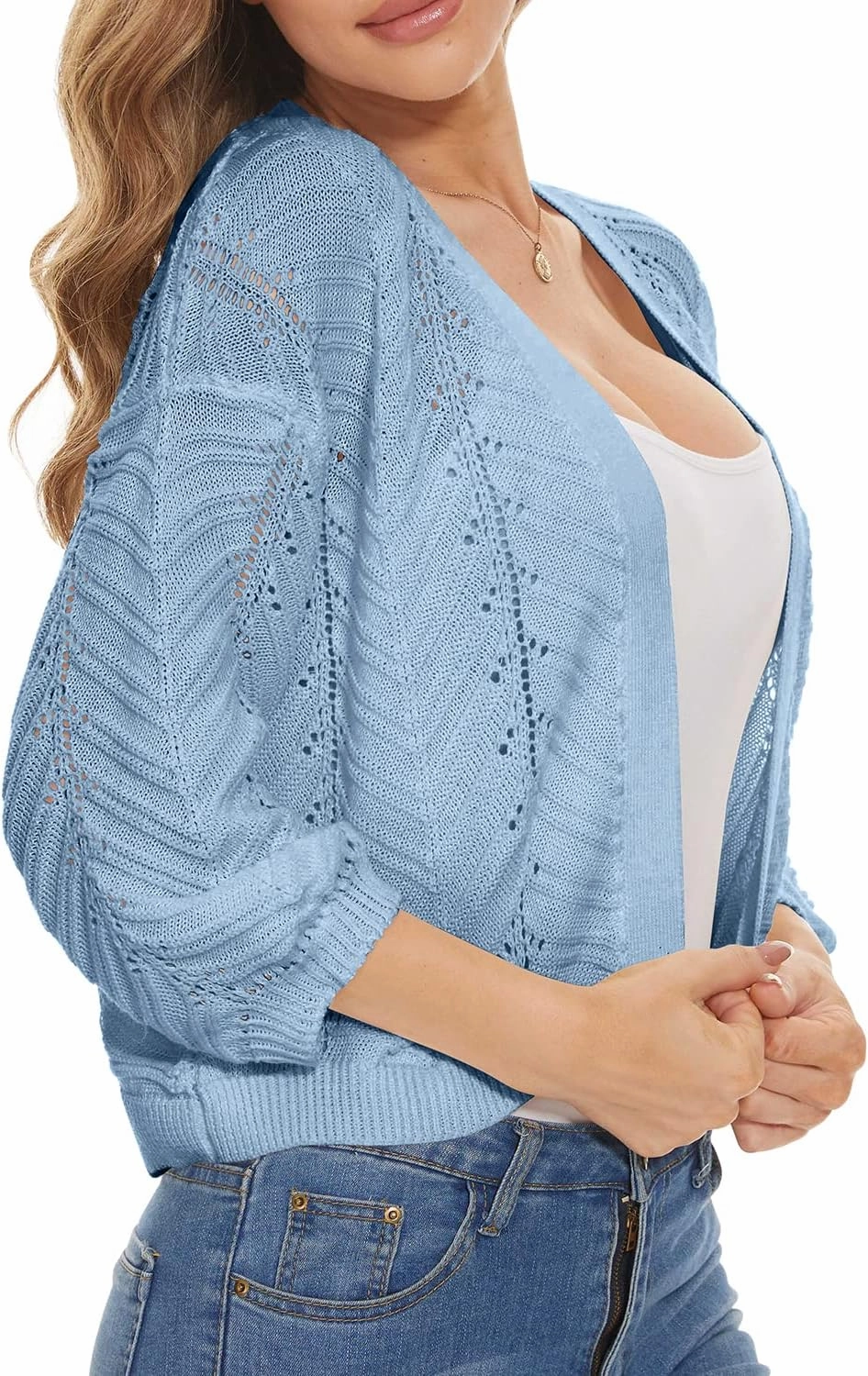 Jumppmile Womens 3/4 Sleeve Soft Crochet Cardigan Batwing Open Front Shrugs Cropped Sweater