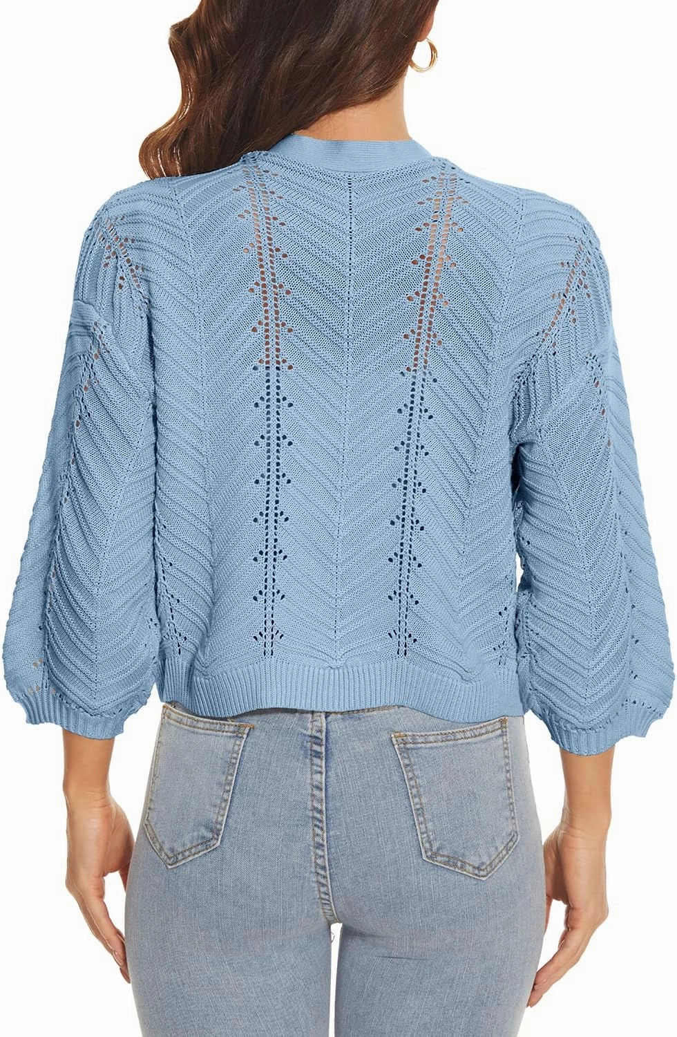 Jumppmile Womens 3/4 Sleeve Soft Crochet Cardigan Batwing Open Front Shrugs Cropped Sweater