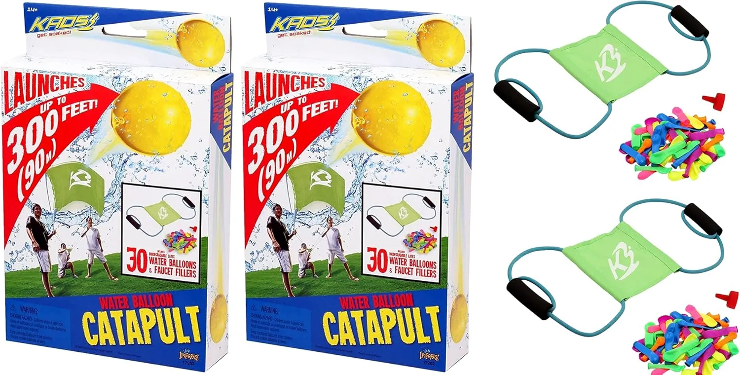 KAOS Water Balloon Launcher Slingshot for Kids with 30 Colored Water Balloons & 1 Filler per Set. Long Range Water Balloon Slingshot. Outdoor Water Toys, Pool & Beach Toys. (2 Sets) 181-2s