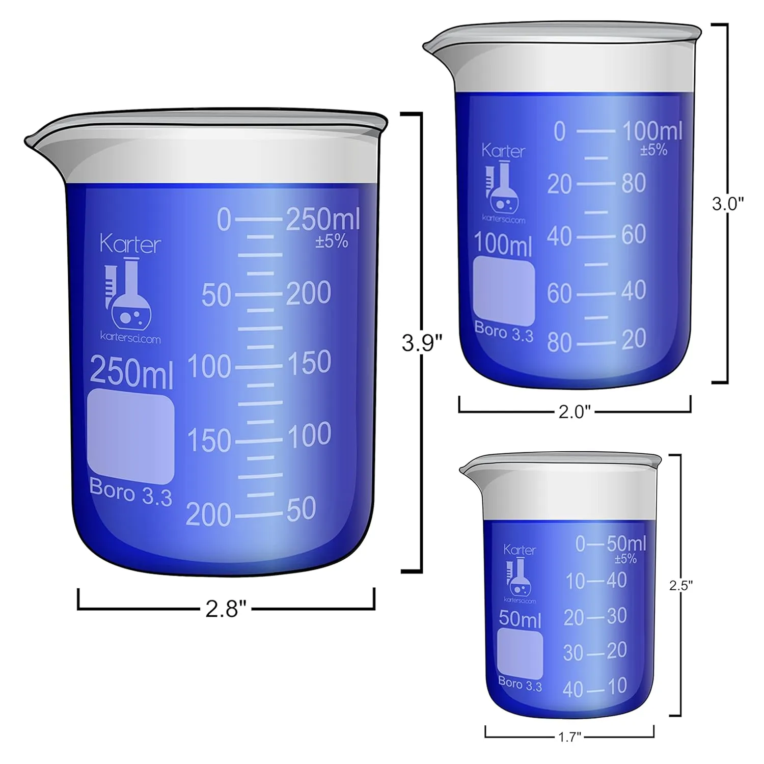 Karter Scientific, 3.3 Boro, Griffin Low Form, Glass Beaker Set - 6 Sizes - 10ml, 50ml, 100ml, 250ml, 500ml, 1000ml