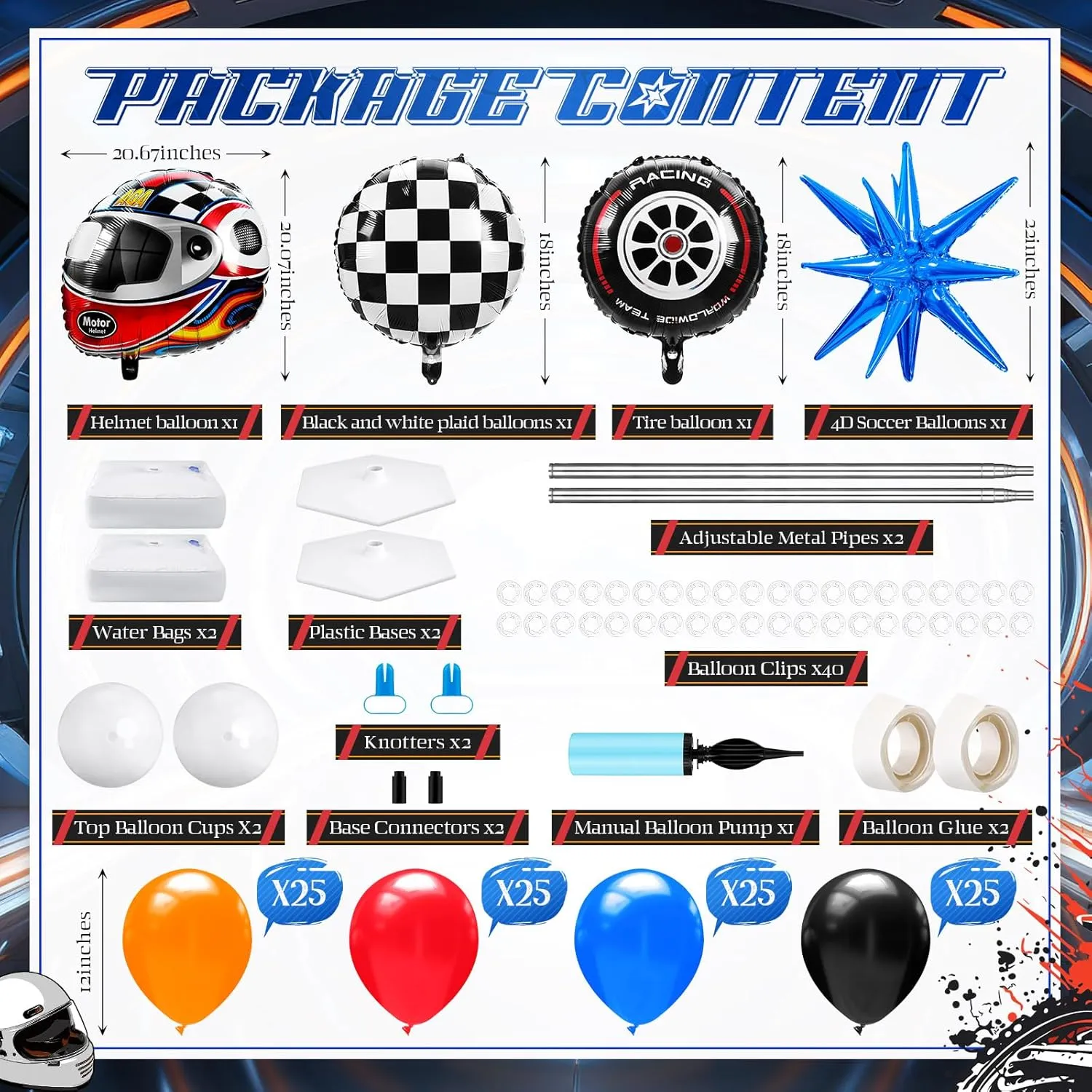 Kasyat 2 Sets Race Car Balloon Column Stand Kit with Star Race Tire Wheels Helmets Checked Foil Balloons Hot Car Arch Garland Kit for Floor for Racing Themed Birthday Party Decorations