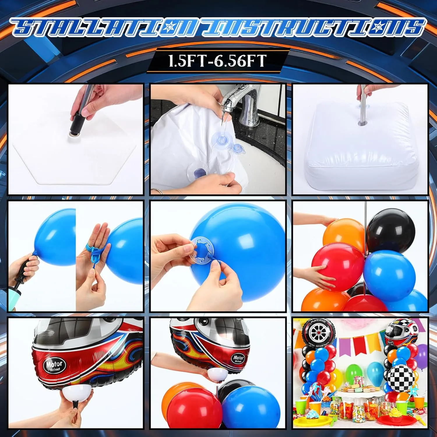 Kasyat 2 Sets Race Car Balloon Column Stand Kit with Star Race Tire Wheels Helmets Checked Foil Balloons Hot Car Arch Garland Kit for Floor for Racing Themed Birthday Party Decorations
