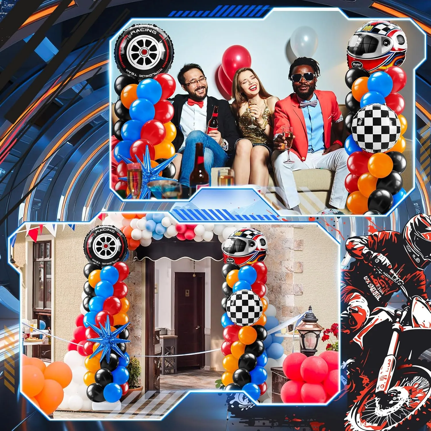 Kasyat 2 Sets Race Car Balloon Column Stand Kit with Star Race Tire Wheels Helmets Checked Foil Balloons Hot Car Arch Garland Kit for Floor for Racing Themed Birthday Party Decorations